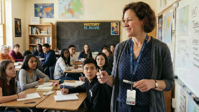 Teacher in classroom wearing AtlasIED Rapid Alert safety device