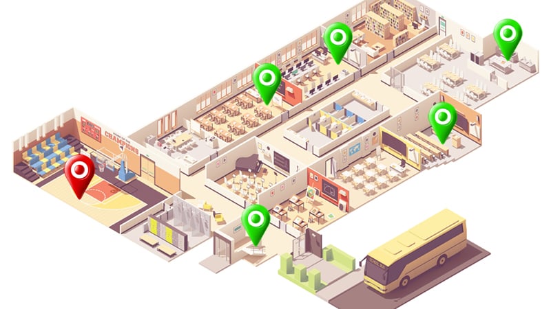 map of school classrooms with location pins
